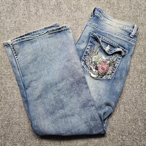 Teepatia Womens 18W Wide Leg Jeans Skull Rose Wing Embroidery Rhinestone Y2K